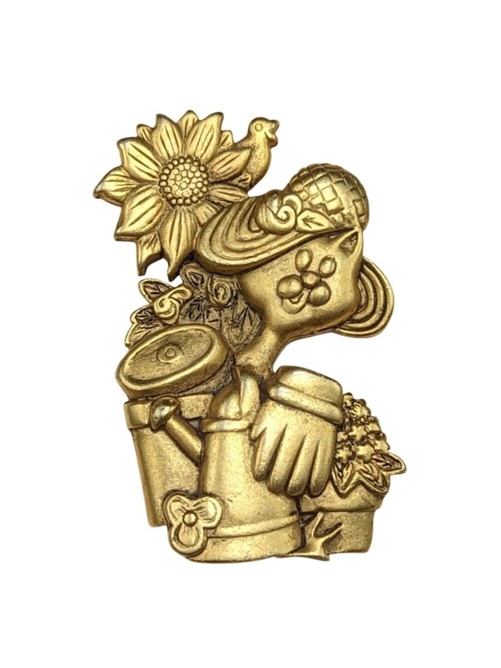 Vtg Gold-Tone Danecraft Gardener Brooch Pin Cat Sunflower Watering Can Gloves De